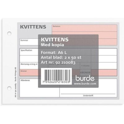 BURDE Blankett kvittens A6L med 1 kopia 2x50 blad BURDE Blankett kvittens A6L med 1 kopia 2x50 blad