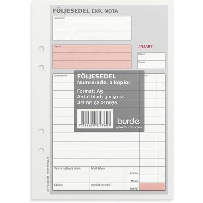 BURDE Blankett följesedel A5 3x50 block numrerat BURDE Blankett följesedel A5 3x50 block numrerat