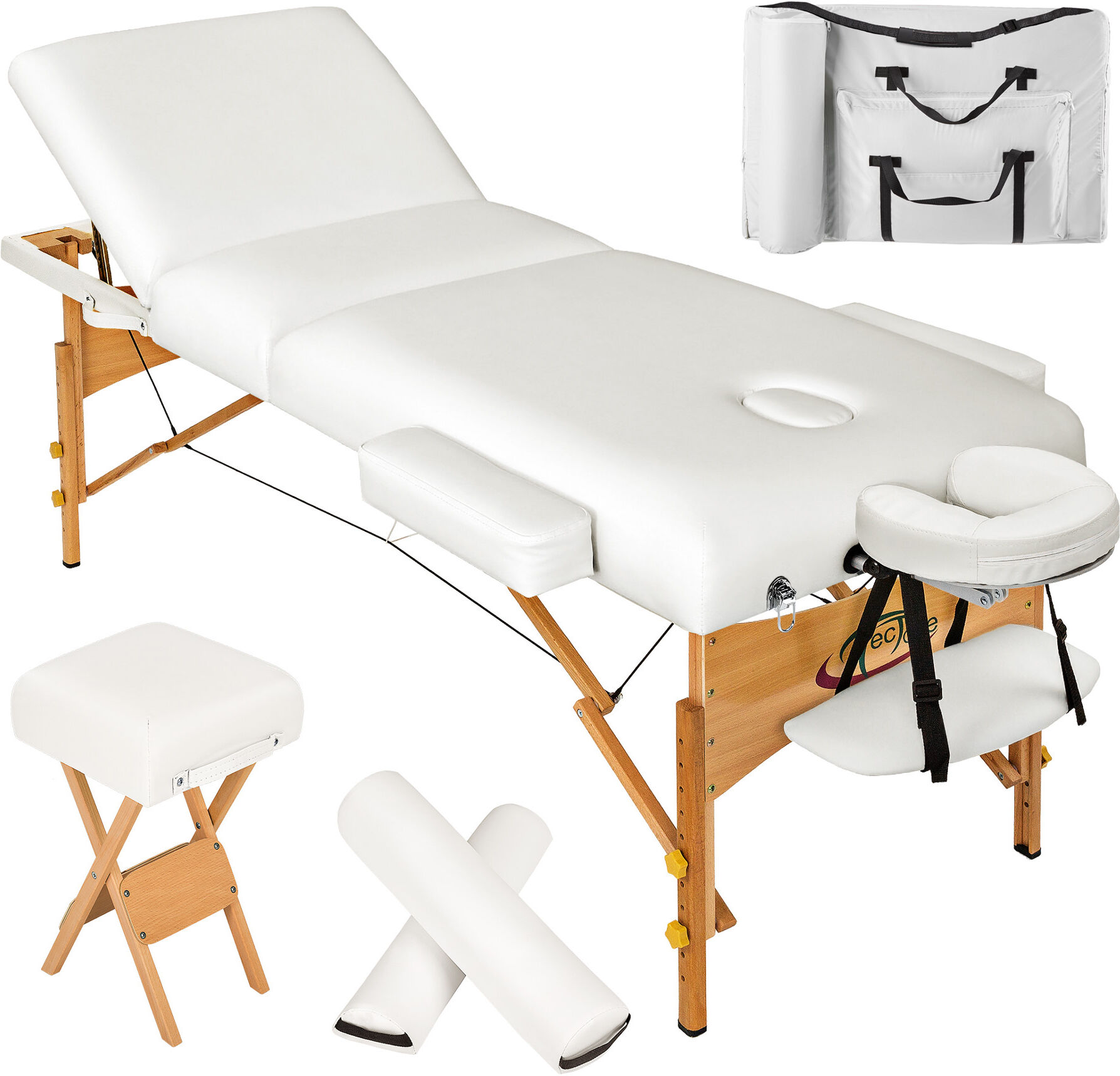 tectake 3-zons massagebänk 10 cm stoppning + rullar + pall + väska - vit