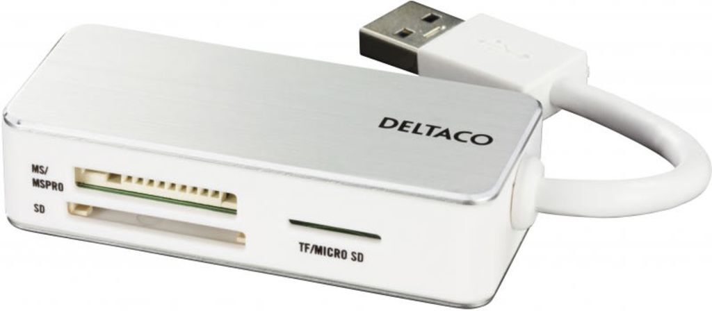 Deltaco USB 3.0 minneskortläsare, 3 fack, vit/silver Deltaco USB 3.0 minneskortläsare, 3 fack, vit/silver