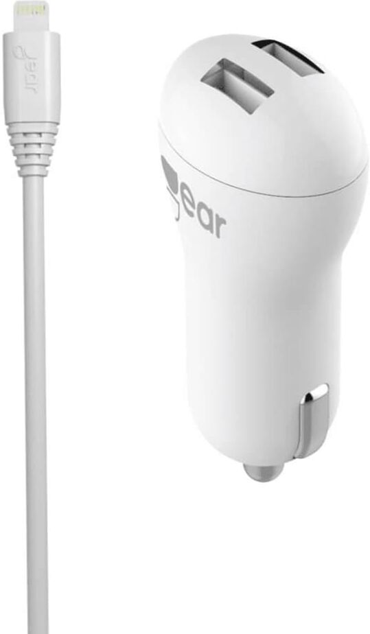 GEAR Laddare 12-24V 2xUSB 2,4A Vit Lightning Kabel Rund 1m MFI GEAR Laddare 12-24V 2xUSB 2,4A Vit Lightning Kabel Rund 1m MFI