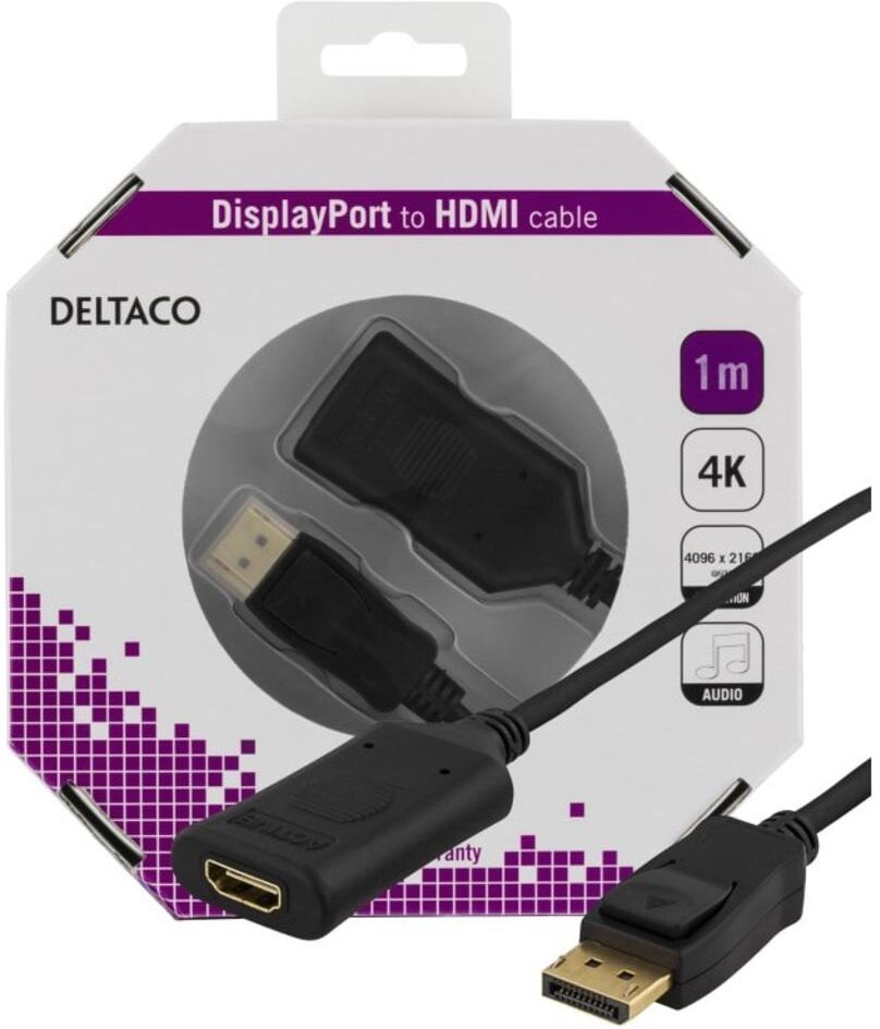 Deltaco DisplayPort till HDMI-kabel, aktiv, 4K i 60Hz, 1m, svart Deltaco DisplayPort till HDMI-kabel, aktiv, 4K i 60Hz, 1m, svart