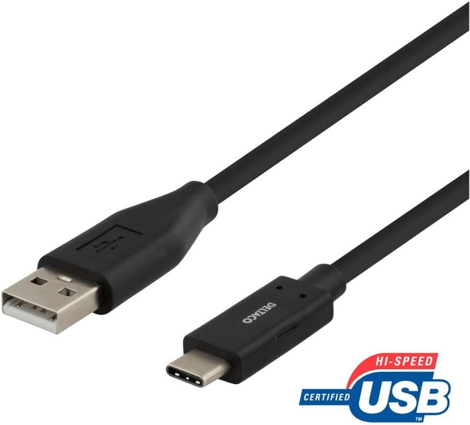 Deltaco USB-A till USB-C kabel, 1m, 3A, USB 2.0, svart Deltaco USB-A till USB-C kabel, 1m, 3A, USB 2.0, svart