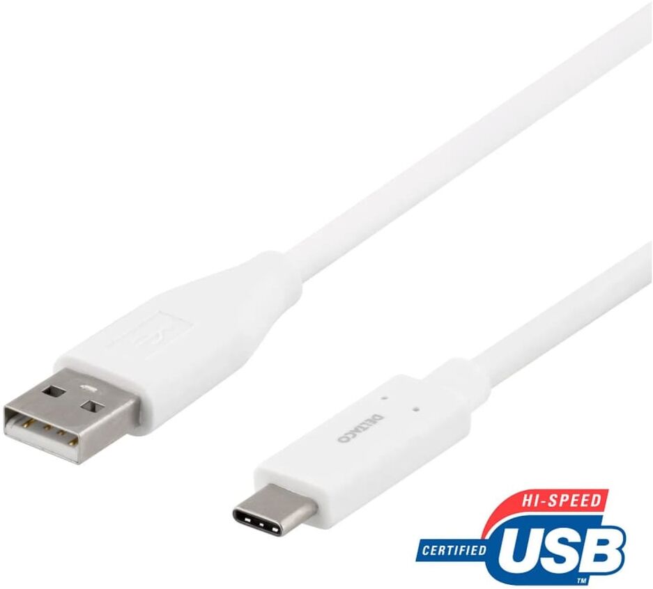 Deltaco USB-A till USB-C kabel, 0,5m, 3A, USB 2.0, vit Deltaco USB-A till USB-C kabel, 0,5m, 3A, USB 2.0, vit
