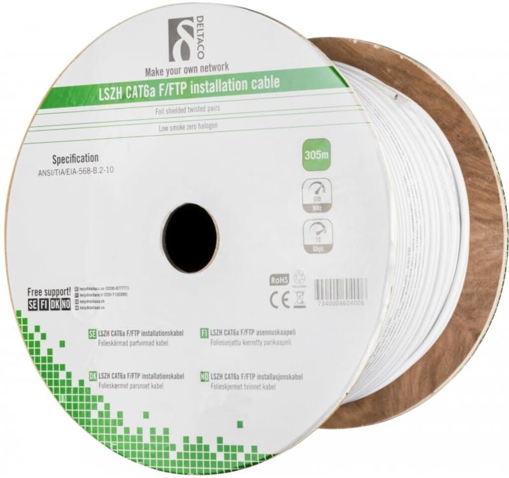 Deltaco F/FTP folieskärmad inst.kabel, Cat6a, LSZH, 305m rulle, vit Deltaco F/FTP folieskärmad inst.kabel, Cat6a, LSZH, 305m rulle, vit