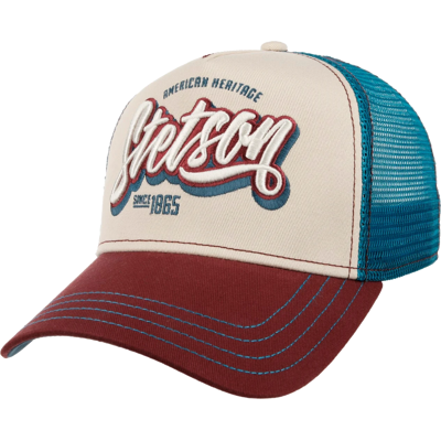 Stetson Wordmark Logo Trucker Cap Wine/Off White/Blue OSFA Stetson Wordmark Logo Trucker Cap Wine/Off White/Blue OSFA