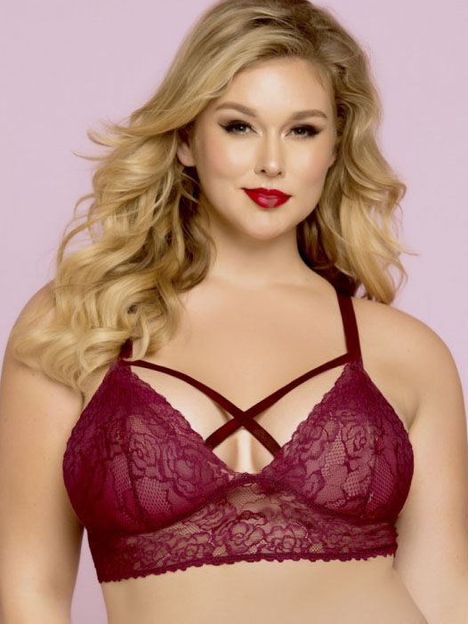 Plus Size Rose Lattice Bralette - Vinröd