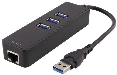 Deltaco USB-nätverkskort gigabit med USB-hubb Deltaco USB-nätverkskort gigabit med USB-hubb