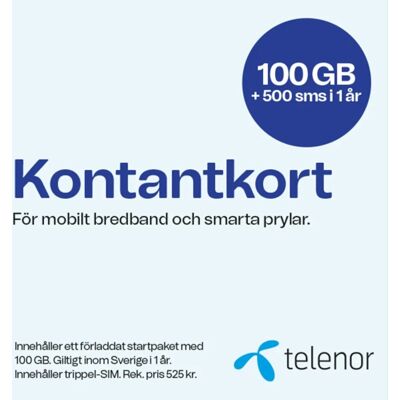 Telenor kontantkort för 5G/4G mobilt bredband i 1 år (100 GB + 500 SMS) Telenor kontantkort för 5G/4G mobilt bredband i 1 år (100 GB + 500 SMS)