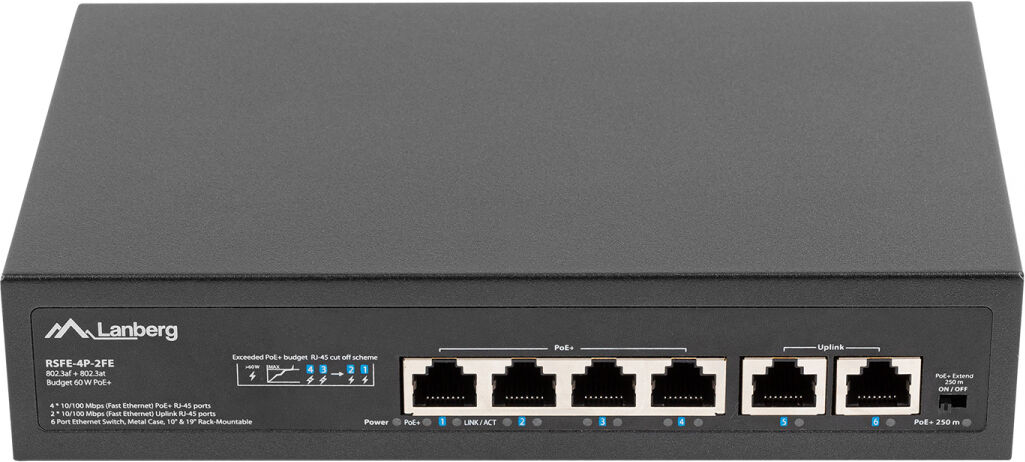 Lanberg SWITCH POE 19" 6-PORT 100MB (4 PORTS POE, 30W/PORT, MAX 60W) Lanberg SWITCH POE 19" 6-PORT 100MB (4 PORTS POE, 30W/PORT, MAX 60W)