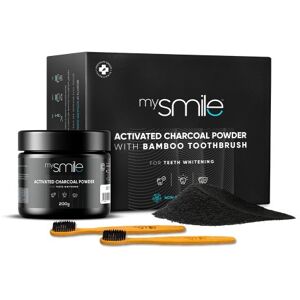 Eco Masters mysmile ktivt Kolpulver med Bambutandborste - 200g Aktivt Kolpulver från kokosnöt + 2 x Tandborstar i bambu