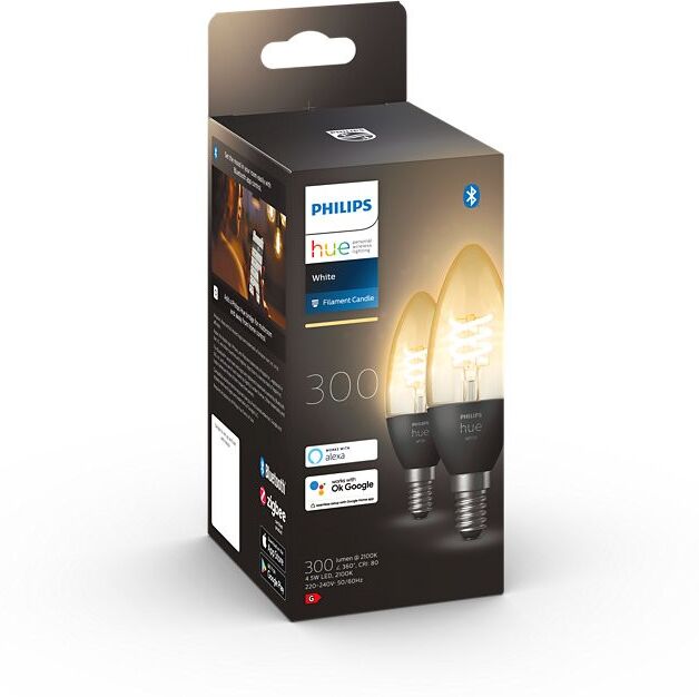 Philips Hue 8719514302211 LED filamentová žiarovka 2x4,5W   E14   3000lm   2100K - set 2 ks, Bluetooth, stmievateľná, White