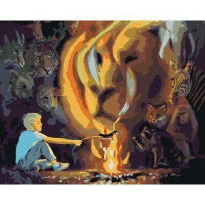 Zuty – Maľovanie podľa čísel – Chlapec pri ohni a lev v dyme (D. Rusty Rust), 80 × 100 cm, plátno + rám Zuty – Maľovanie podľa čísel – Chlapec pri ohni a lev v dyme (D. Rusty Rust), 80 × 100 cm, plátno + rám