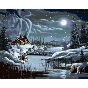 Zuty – Maľovanie podľa čísel – Spln, chata a vlk v zime (D. Rusty Rust), 80 × 100 cm, plátno + rám Zuty – Maľovanie podľa čísel – Spln, chata a vlk v zime (D. Rusty Rust), 80 × 100 cm, plátno + rám