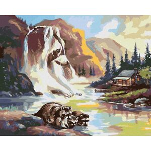 Zuty – Maľovanie podľa čísel – Medvedík čistotný pri rieke, vodopád a chata (D. Rusty Rust), 80 × 100 cm, plátno + rám Zuty – Maľovanie podľa čísel – Medvedík čistotný pri rieke, vodopád a chata (D. Rusty Rust), 80 × 100 cm, plátno + rám