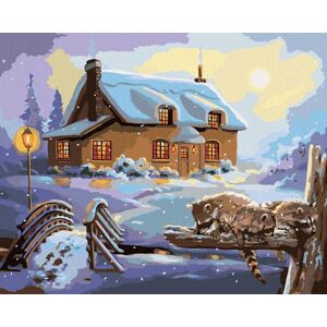 Zuty – Maľovanie podľa čísel – Medvedík čistotný a dom v zime (D. Rusty Rust), 80 × 100 cm, plátno + rám Zuty – Maľovanie podľa čísel – Medvedík čistotný a dom v zime (D. Rusty Rust), 80 × 100 cm, plátno + rám