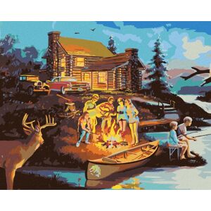 Zuty – Maľovanie podľa čísel – Táborák pri chate, jeleň a sova (D. Rusty Rust), 80 × 100 cm, plátno + rám Zuty – Maľovanie podľa čísel – Táborák pri chate, jeleň a sova (D. Rusty Rust), 80 × 100 cm, plátno + rám