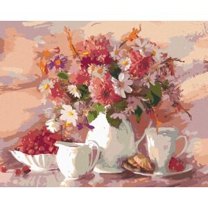 Zuty – Maľovanie Podľa Čísel – Kvety V Bielej Váze S Bielou Šálkou, 80 × 100 cm, Plátno + Rám Zuty – Maľovanie Podľa Čísel – Kvety V Bielej Váze S Bielou Šálkou, 80 × 100 cm, Plátno + Rám