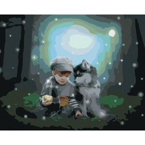 zuty Husky a chlapček v lese, 80 × 100 cm, plátno napnuté na rám zuty Husky a chlapček v lese, 80 × 100 cm, plátno napnuté na rám