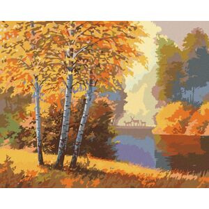 zuty Jesenný les s riekou a jeleňmi, 80 × 100 cm, plátno napnuté na rám zuty Jesenný les s riekou a jeleňmi, 80 × 100 cm, plátno napnuté na rám