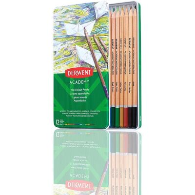 DERWENT Academy Watercolour Pencils Tin v plechovej škatuľke, šesťhranné, 12 farieb DERWENT Academy Watercolour Pencils Tin v plechovej škatuľke, šesťhranné, 12 farieb