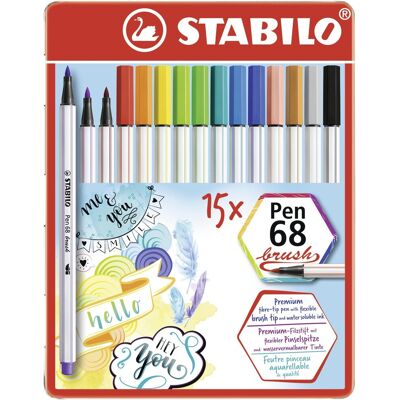 STABILO Pen 68 brush, 15 ks, kovové puzdro STABILO Pen 68 brush, 15 ks, kovové puzdro