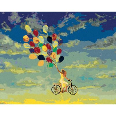 Zuty – Maľovanie podľa čísel – Žena na bicykli s balónikmi, 80 × 100 cm, plátno + rám Zuty – Maľovanie podľa čísel – Žena na bicykli s balónikmi, 80 × 100 cm, plátno + rám