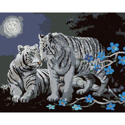 Zuty – Maľovanie podľa čísel – Biely tiger, modré kvety a spln (D. Rusty Rust), 80 × 100 cm, plátno + rám Zuty – Maľovanie podľa čísel – Biely tiger, modré kvety a spln (D. Rusty Rust), 80 × 100 cm, plátno + rám