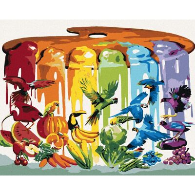 Zuty – Maľovanie podľa čísel – Farby dúhy, vtáky, ovocie a zelenina (D. Rusty Rust), 80 × 100 cm, plátno + rám Zuty – Maľovanie podľa čísel – Farby dúhy, vtáky, ovocie a zelenina (D. Rusty Rust), 80 × 100 cm, plátno + rám