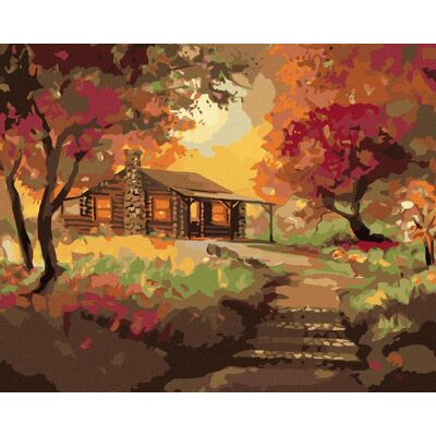 Zuty – Maľovanie podľa čísel – Zrub pri západe slnka na jeseň (D. Rusty Rust), 80 × 100 cm, plátno + rám Zuty – Maľovanie podľa čísel – Zrub pri západe slnka na jeseň (D. Rusty Rust), 80 × 100 cm, plátno + rám