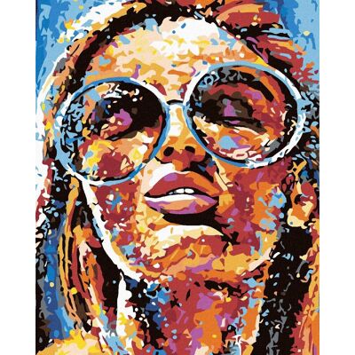 Diamondi – ŽENA VO FARBÁCH A OKRÚHLE OKULIARE, 40 × 50 cm, napnuté plátno na rám Diamondi – ŽENA VO FARBÁCH A OKRÚHLE OKULIARE, 40 × 50 cm, napnuté plátno na rám