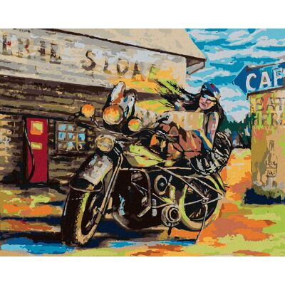 Diamondi – Diamantové maľovanie – ŽENA A MOTORKA, 40 × 50 cm, bez rámu a bez vypnutia plátna Diamondi – Diamantové maľovanie – ŽENA A MOTORKA, 40 × 50 cm, bez rámu a bez vypnutia plátna