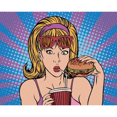 Diamondi – Diamantové maľovanie – POP-ART ŽENA VO FASTFOODE, 40 × 50 cm, vypnuté plátno na rám Diamondi – Diamantové maľovanie – POP-ART ŽENA VO FASTFOODE, 40 × 50 cm, vypnuté plátno na rám