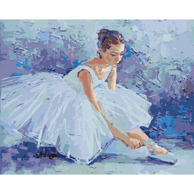 zuty Baletka zaväzujúca si svoje baletné špičky, 40 × 50 cm, vypnuté plátno na rám zuty Baletka zaväzujúca si svoje baletné špičky, 40 × 50 cm, vypnuté plátno na rám