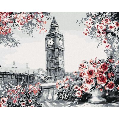 zuty Big Ben obklopený ružami, 40×50 cm, vypnuté plátno na rám zuty Big Ben obklopený ružami, 40×50 cm, vypnuté plátno na rám
