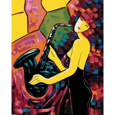 zuty Dievča hrajúce na saxofón, 40×50 cm, vypnuté plátno na rám zuty Dievča hrajúce na saxofón, 40×50 cm, vypnuté plátno na rám