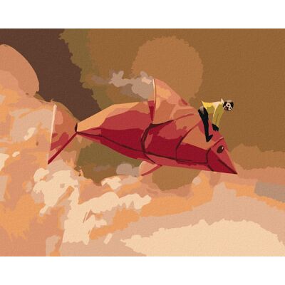 zuty Dievča na červenej rybe z origami, 80 × 100 cm, plátno napnuté na rám zuty Dievča na červenej rybe z origami, 80 × 100 cm, plátno napnuté na rám