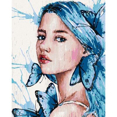 zuty Dievča s modrými vlasmi a motýľmi, 80 × 100 cm, bez rámu a bez vypnutia plátna zuty Dievča s modrými vlasmi a motýľmi, 80 × 100 cm, bez rámu a bez vypnutia plátna