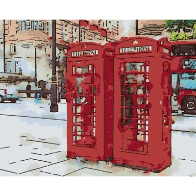 zuty Dve telefónne búdky v Londýne, 40 × 50 cm, plátno napnuté na rám zuty Dve telefónne búdky v Londýne, 40 × 50 cm, plátno napnuté na rám