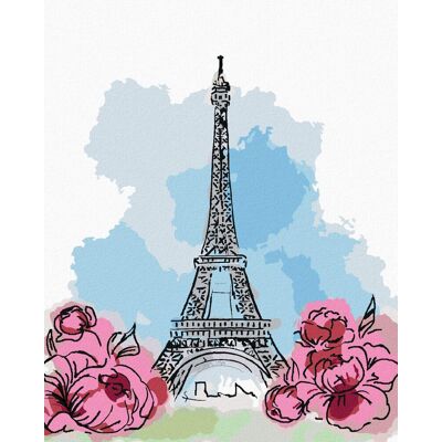 zuty Eiffelova veža v Paríži s ružovými kvetmi, 80×100 cm, vypnuté plátno na rám zuty Eiffelova veža v Paríži s ružovými kvetmi, 80×100 cm, vypnuté plátno na rám