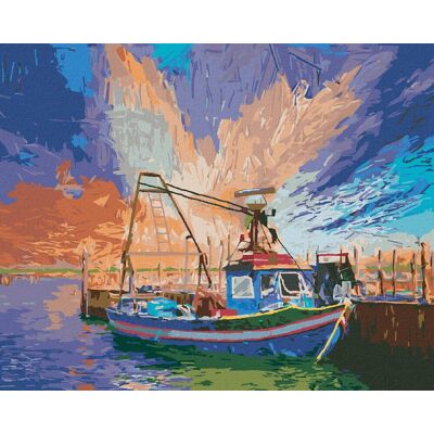 zuty Talianska rybárska loď v Taliansku, 40 × 50 cm, plátno napnuté na rám zuty Talianska rybárska loď v Taliansku, 40 × 50 cm, plátno napnuté na rám