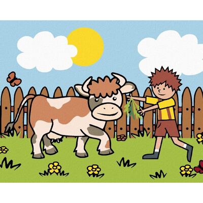 zuty Chlapec s kravou na paši, 40 × 50 cm, bez rámu a bez napnutia plátna zuty Chlapec s kravou na paši, 40 × 50 cm, bez rámu a bez napnutia plátna