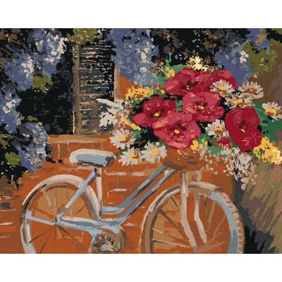 zuty Bicykel s kyticou kvetov, 40 × 50 cm, plátno napnuté na rám zuty Bicykel s kyticou kvetov, 40 × 50 cm, plátno napnuté na rám