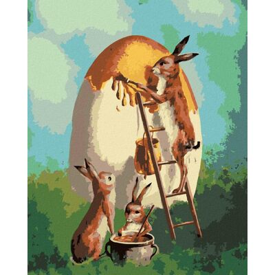 zuty Králiky maľujúce vajce, 40 × 50 cm, plátno napnuté na rám zuty Králiky maľujúce vajce, 40 × 50 cm, plátno napnuté na rám