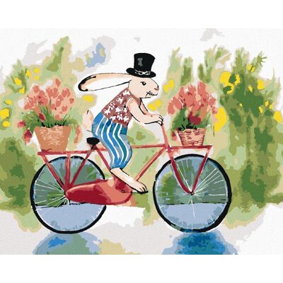 zuty Králik v klobúku na bicykli, 40 × 50 cm, plátno napnuté na rám zuty Králik v klobúku na bicykli, 40 × 50 cm, plátno napnuté na rám