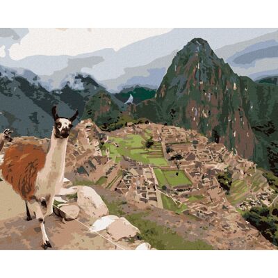 zuty Lama a Machu Picchu, 40 × 50 cm, plátno napnuté na rám zuty Lama a Machu Picchu, 40 × 50 cm, plátno napnuté na rám