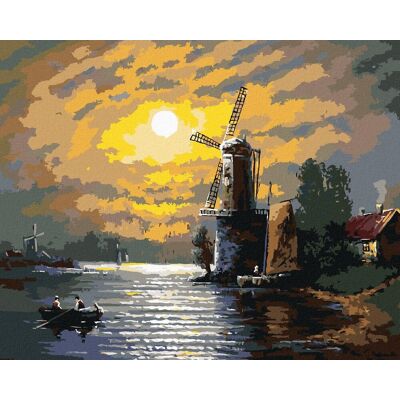 zuty Mesiac, mlyn a loďka, 80 × 100 cm, plátno napnuté na rám zuty Mesiac, mlyn a loďka, 80 × 100 cm, plátno napnuté na rám