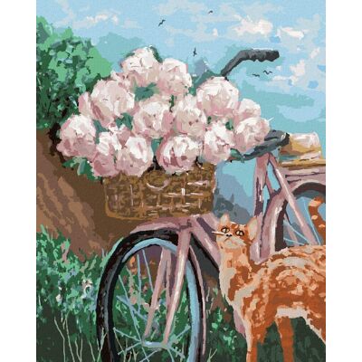 zuty Pivonky v košíku na bicykli, 40×50 cm, bez rámu a bez vypnutia plátna zuty Pivonky v košíku na bicykli, 40×50 cm, bez rámu a bez vypnutia plátna