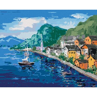 zuty Pobrežie pri Hallstatt v Rakúsku, 80 × 100 cm, plátno napnuté na rám zuty Pobrežie pri Hallstatt v Rakúsku, 80 × 100 cm, plátno napnuté na rám