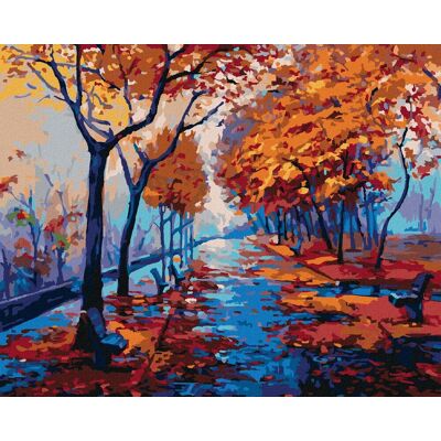 zuty Jesenný lesopark s prázdnymi lavičkami, 40×50 cm, bez rámu a bez vypnutia plátna zuty Jesenný lesopark s prázdnymi lavičkami, 40×50 cm, bez rámu a bez vypnutia plátna